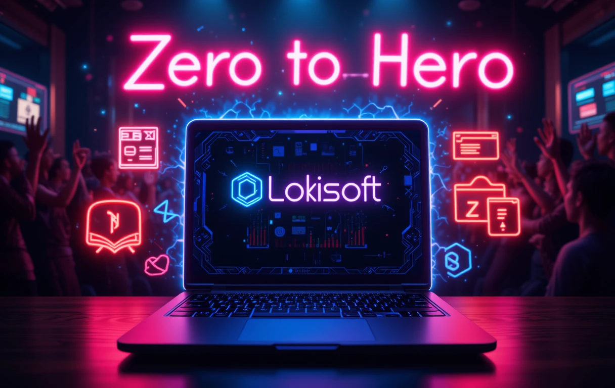 neon-sign style art, computer with lokisoft logo