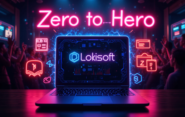 neon-sign style art, computer with lokisoft logo