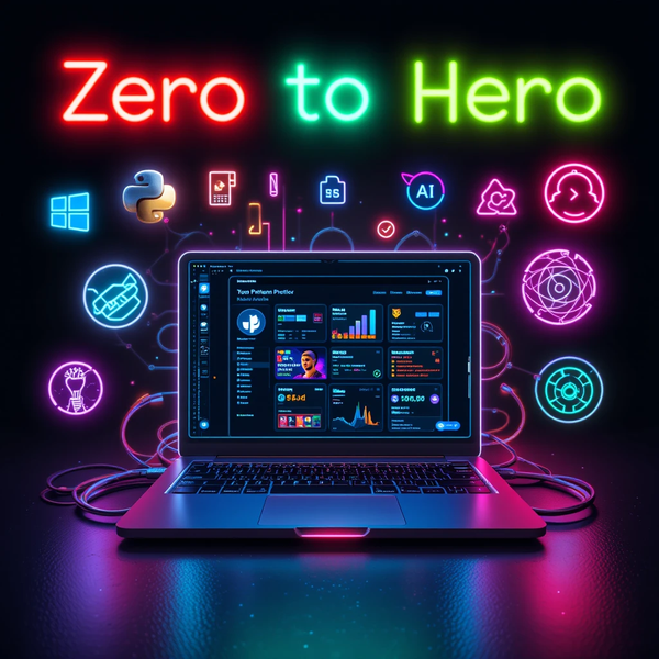 Neon-Sign Inspired Art with Neon Icons of different programming languages. with a glowing laptop with github displayed and the text Zero To Hero Accross The Top